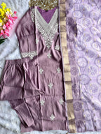 Buy Lavender Roman Silk Designer Kurti with Pant & Dupatta Set | Embroidered Festive Wear for Women