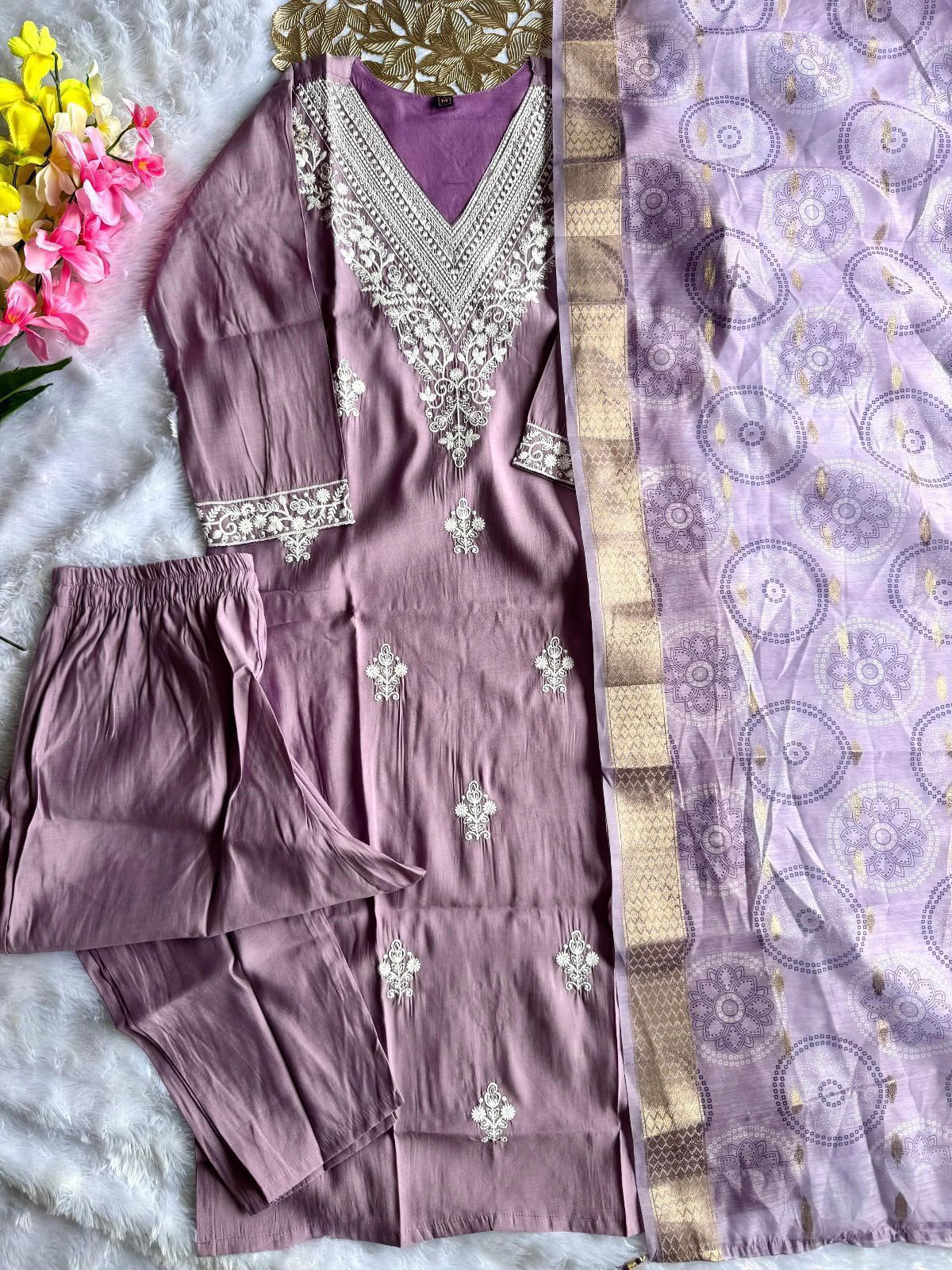 Buy Lavender Roman Silk Designer Kurti with Pant & Dupatta Set | Embroidered Festive Wear for Women
