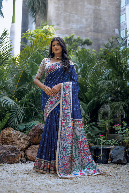 Yogita Madhubani | Artisan Tussar Silk Saree with Bandhani & Print