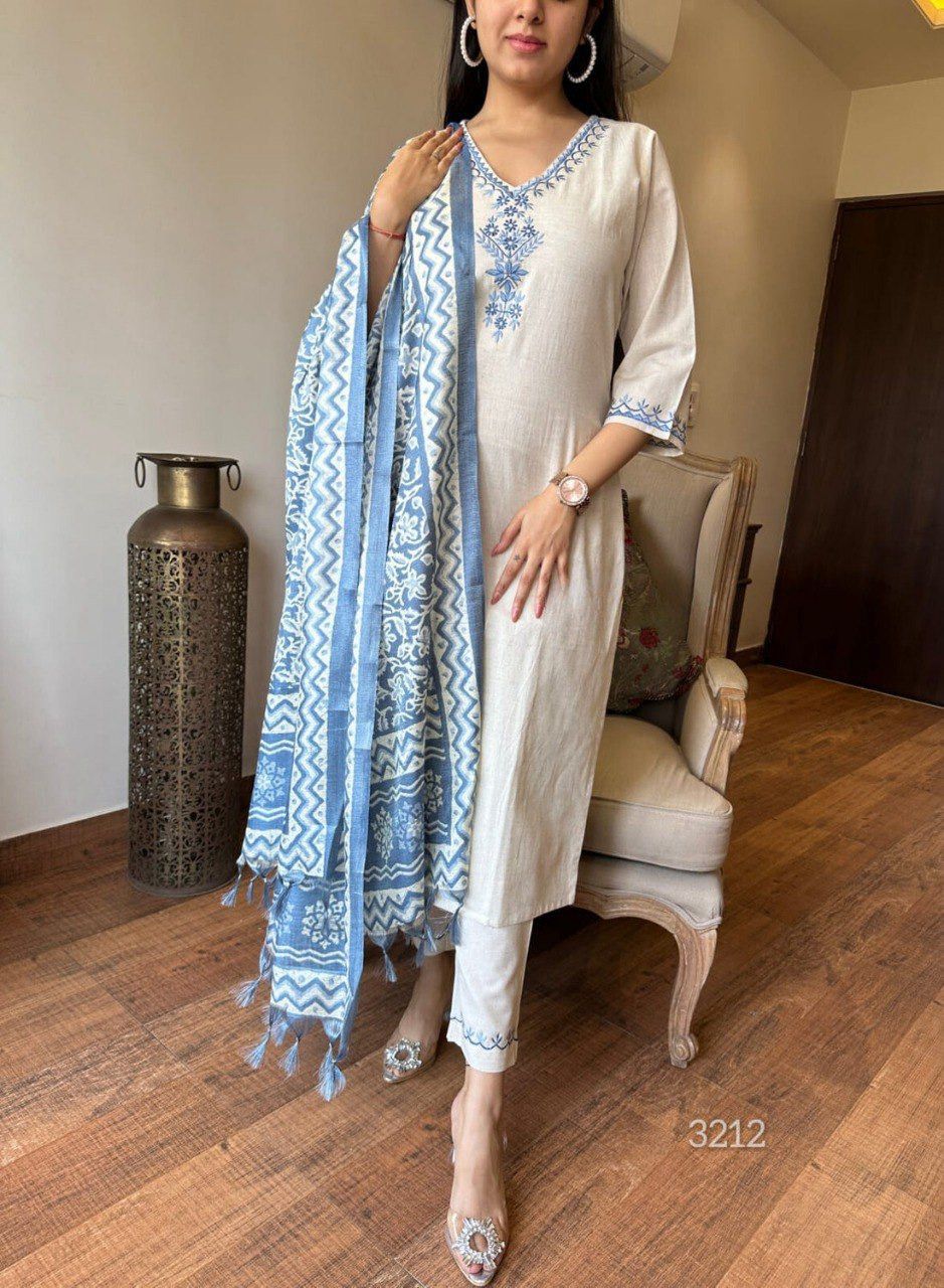 Laltika Women's Khadi Cotton Embroidered Kurta Pant Dupatta Set with Bhagalpuri Khadi Print Dupatta