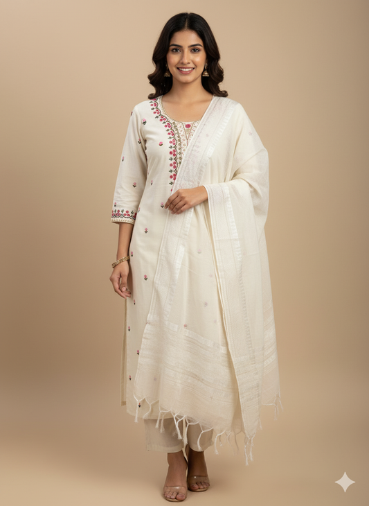 White Embroidered Khadi Cotton Kurti Pant Dupatta Set | The Indian Wardrobe
