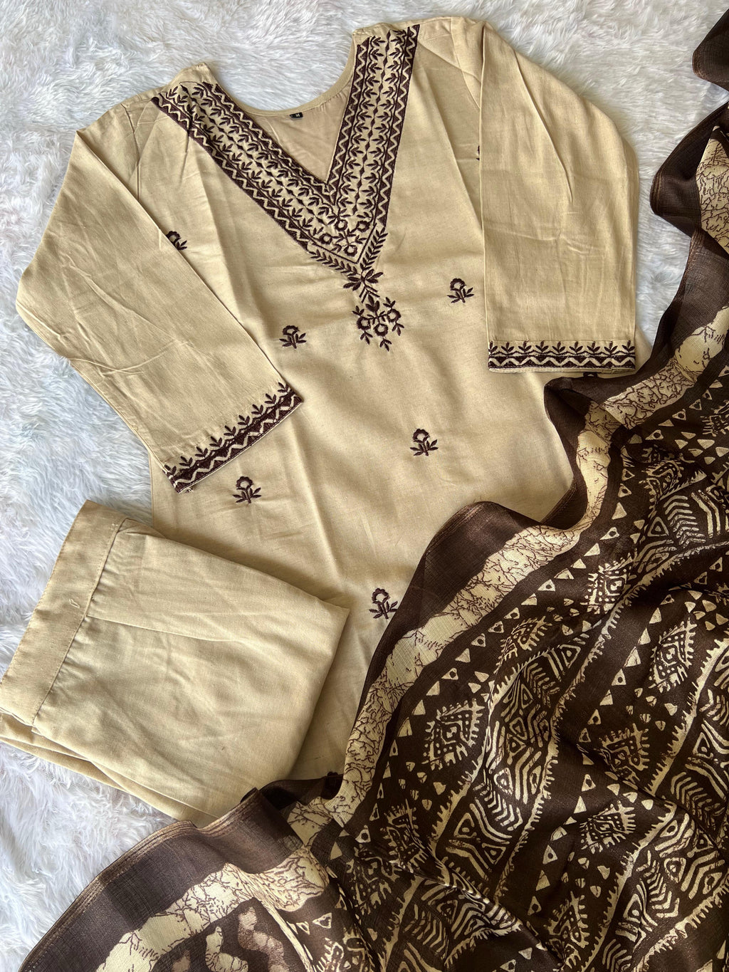 Laltika Chikoo Khadi Cotton Embroidered Kurta Pant Dupatta Set for Women with Bhagalpuri Khadi Print Dupatta