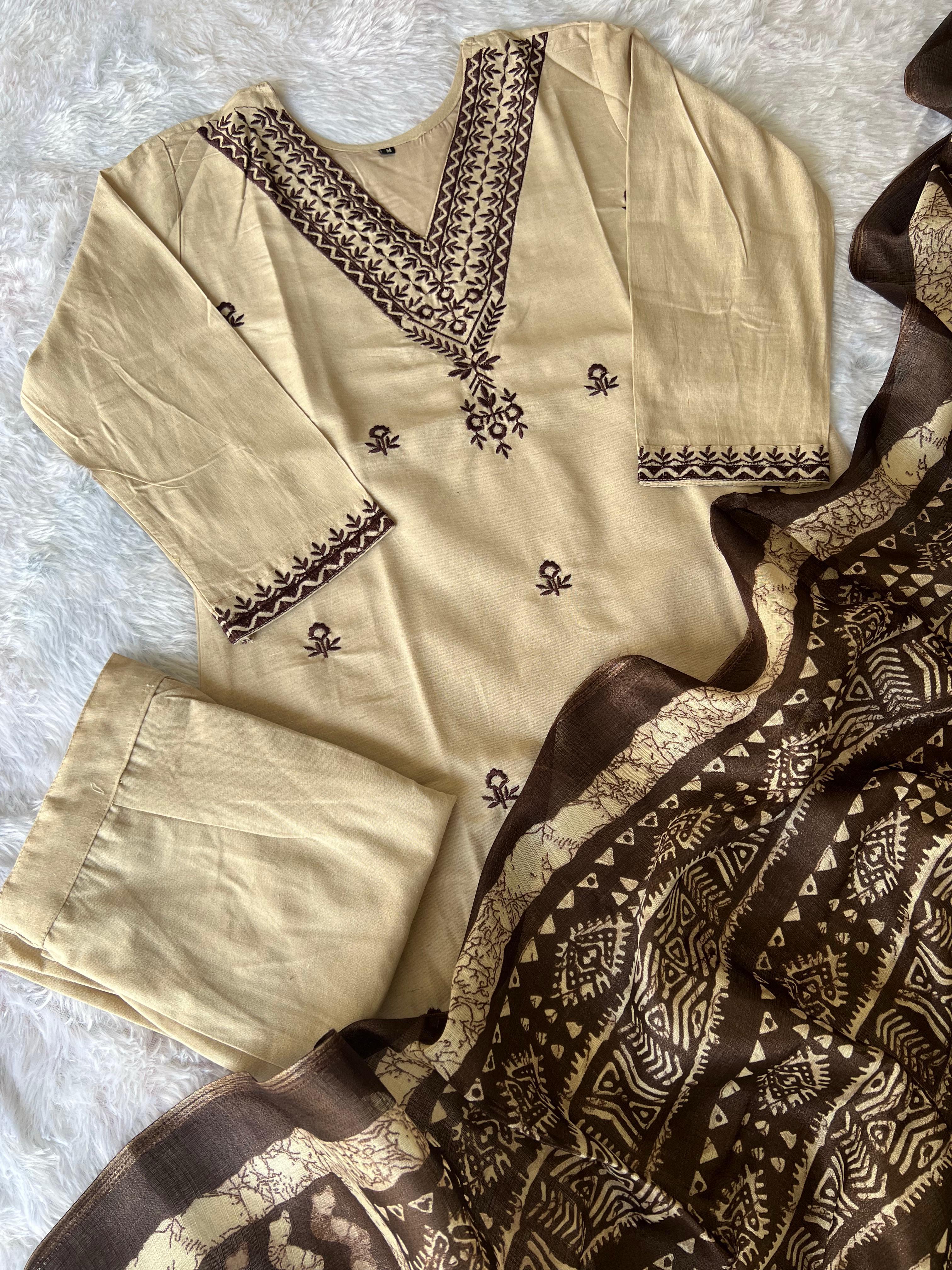 Laltika Chikoo Khadi Cotton Embroidered Kurta Pant Dupatta Set for Women with Bhagalpuri Khadi Print Dupatta