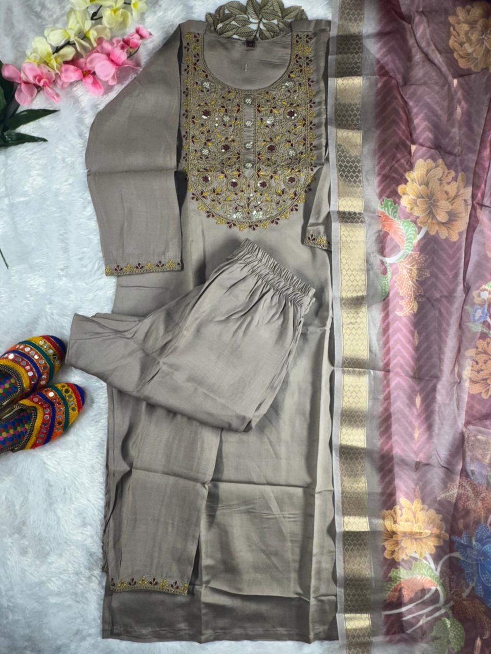 Roman Silk Embroidered Kurta Pant Dupatta Set for Women