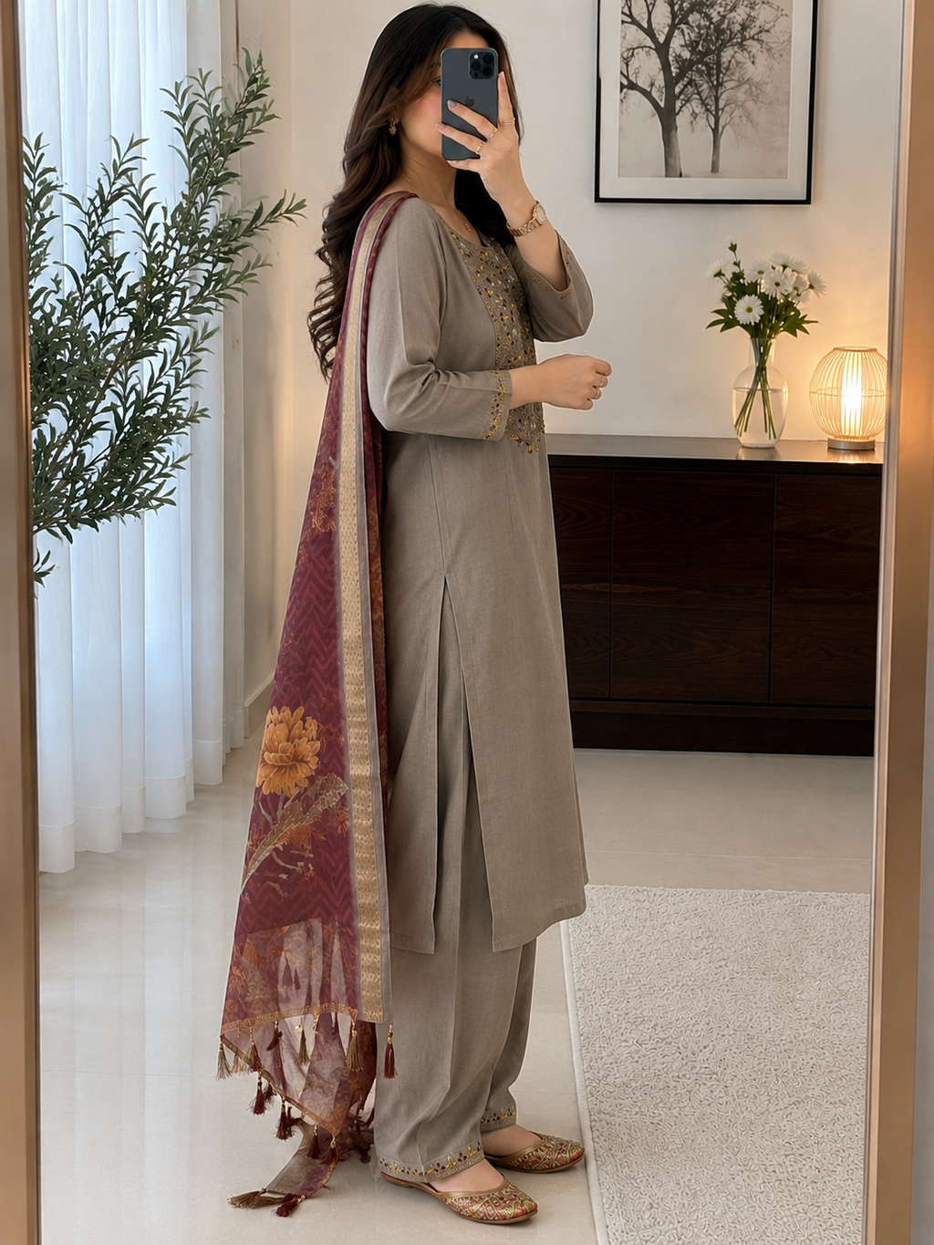 Roman Silk Embroidered Kurta Pant Dupatta Set for Women