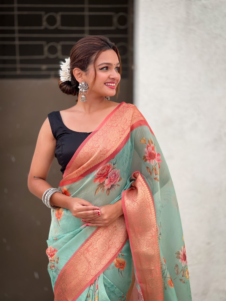 Floral Print Crush Tissue Saree with Zari Work - Ready to Wear Festival Saree