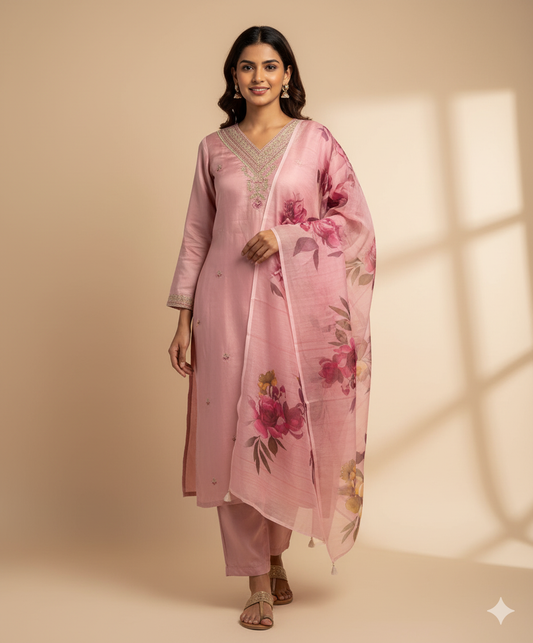 Light Peach Roman Silk Kurti Set | Embroidered Designer Wear with Digital Print Dupatta