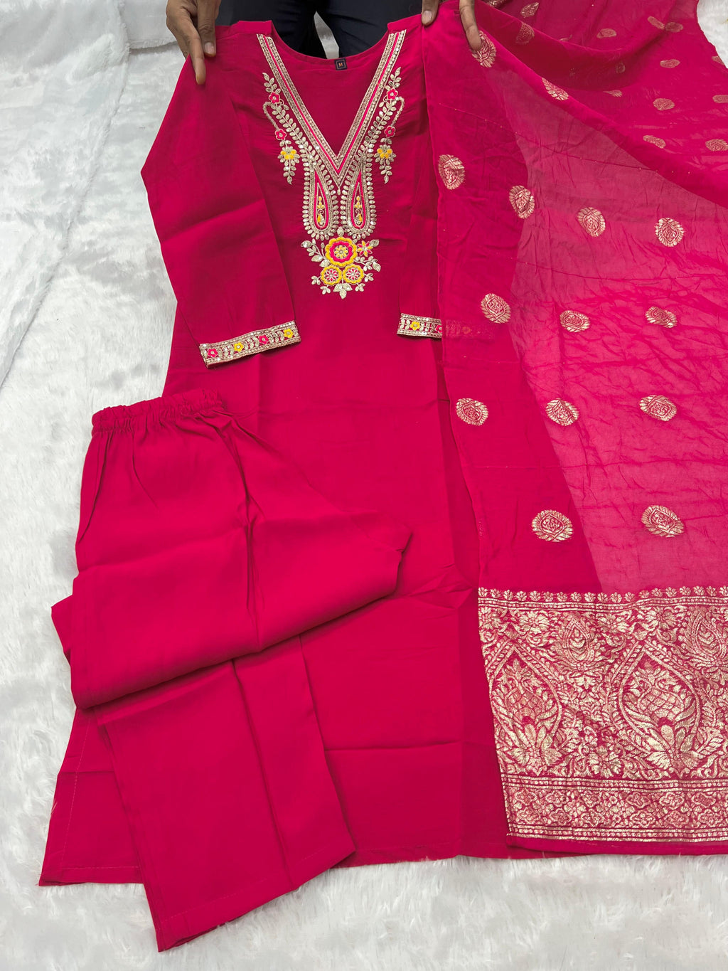 Pink Roman Silk Embroidered Kurta Pant Dupatta Set for Women