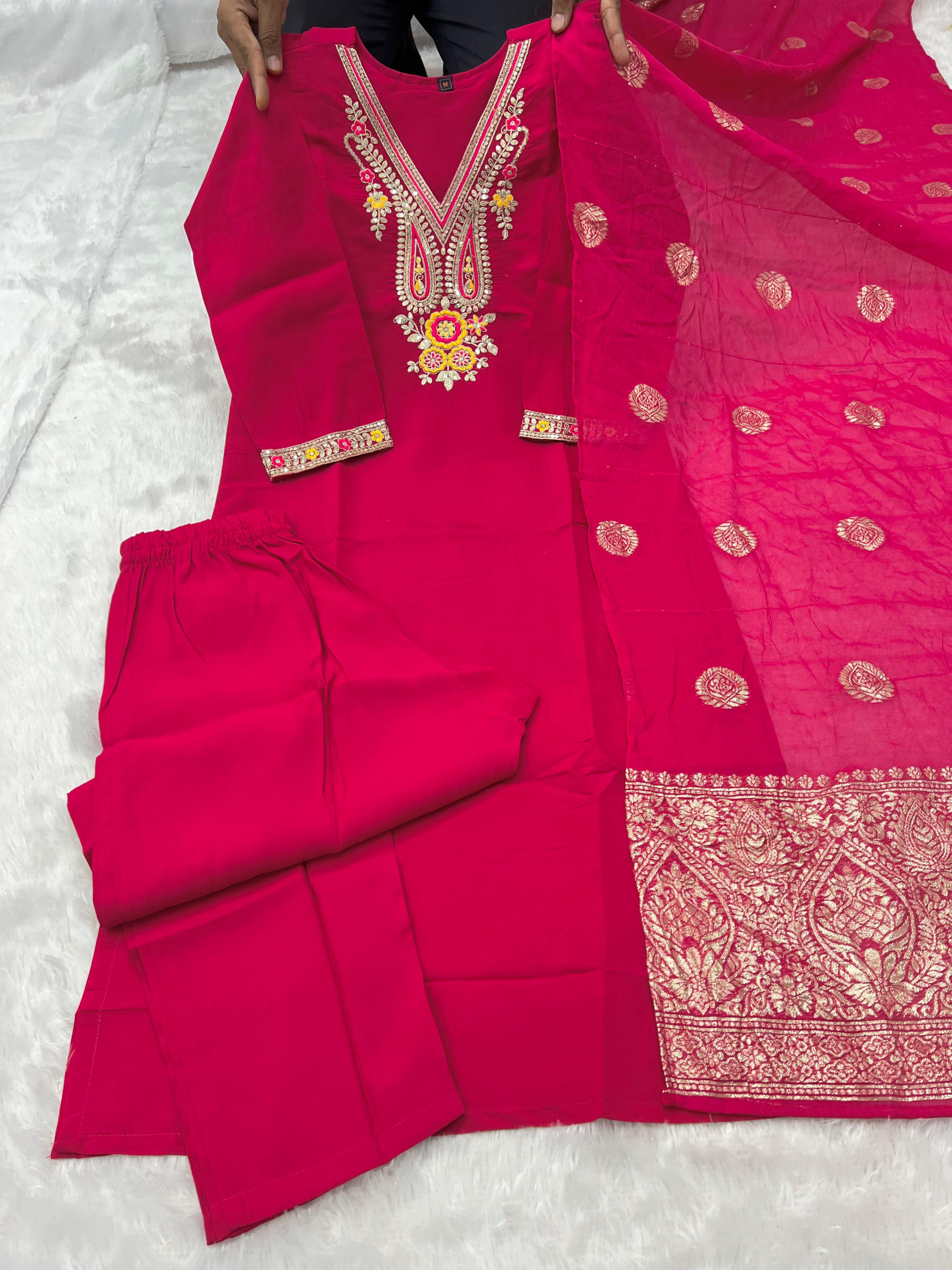 Pink Roman Silk Embroidered Kurta Pant Dupatta Set for Women