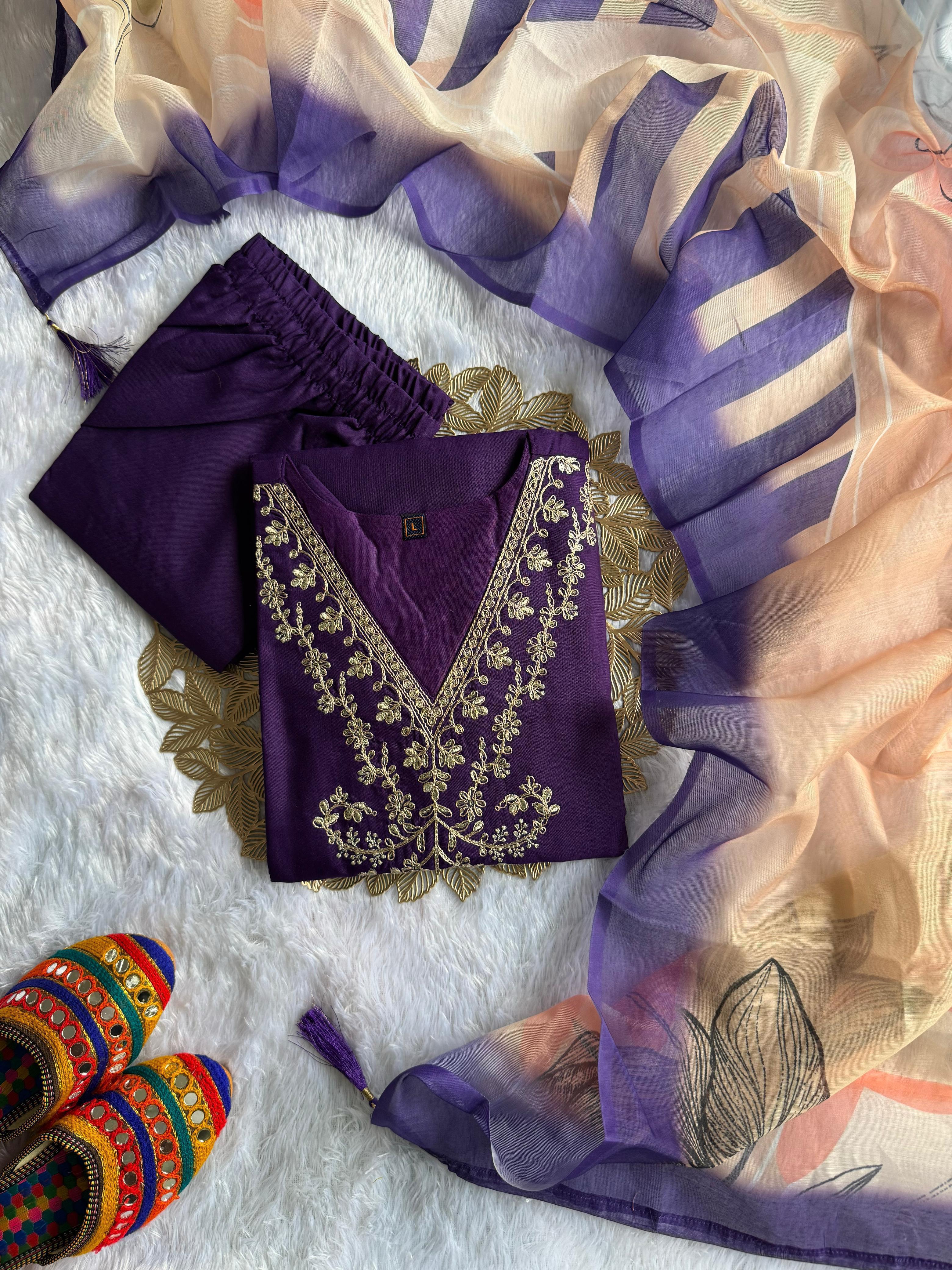 Rayon Slub Embroidered Kurta Pant Dupatta Set for Women
