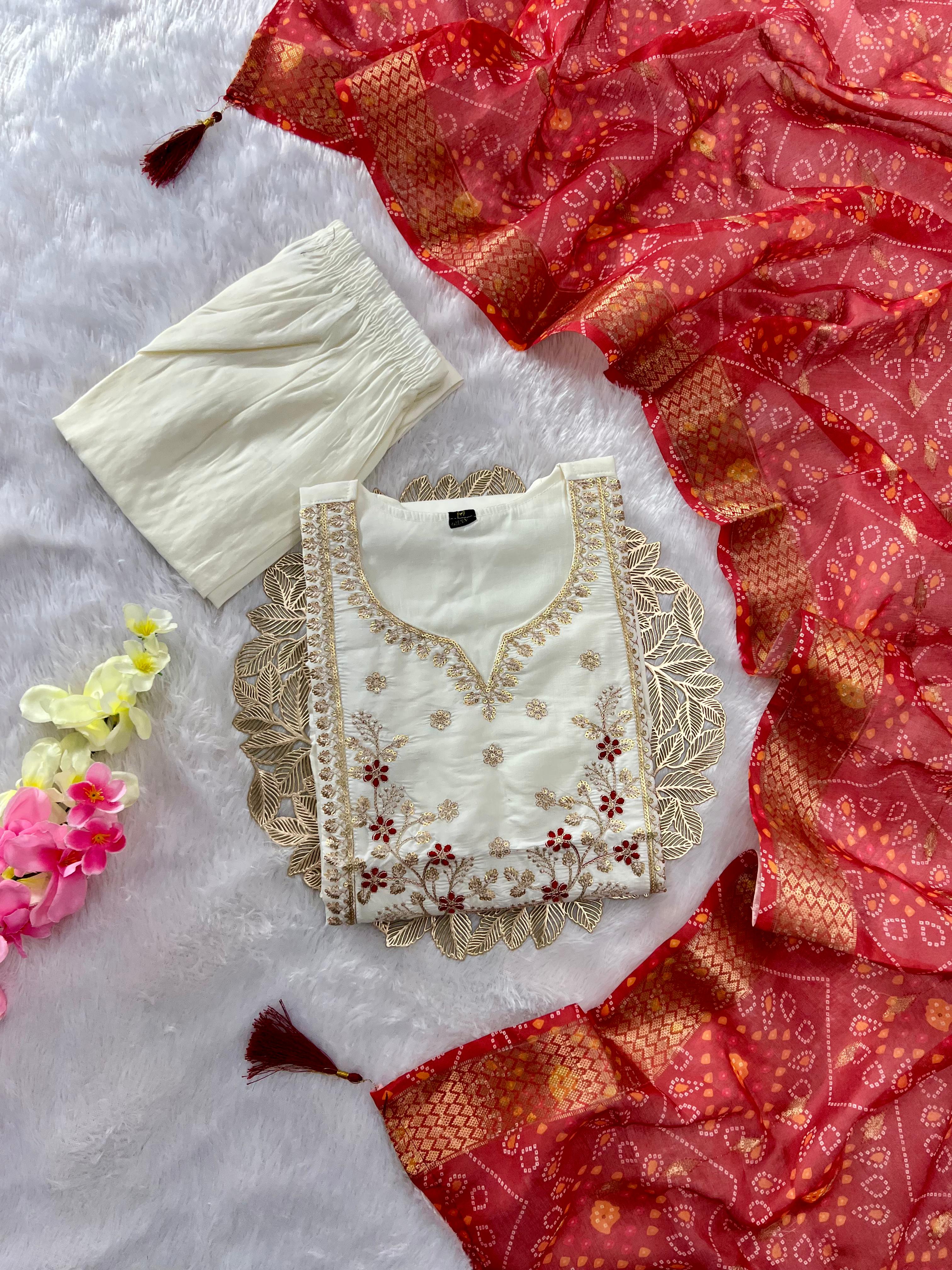 Cream White Roman Silk Embroidered Kurta Pant Dupatta Set for Women