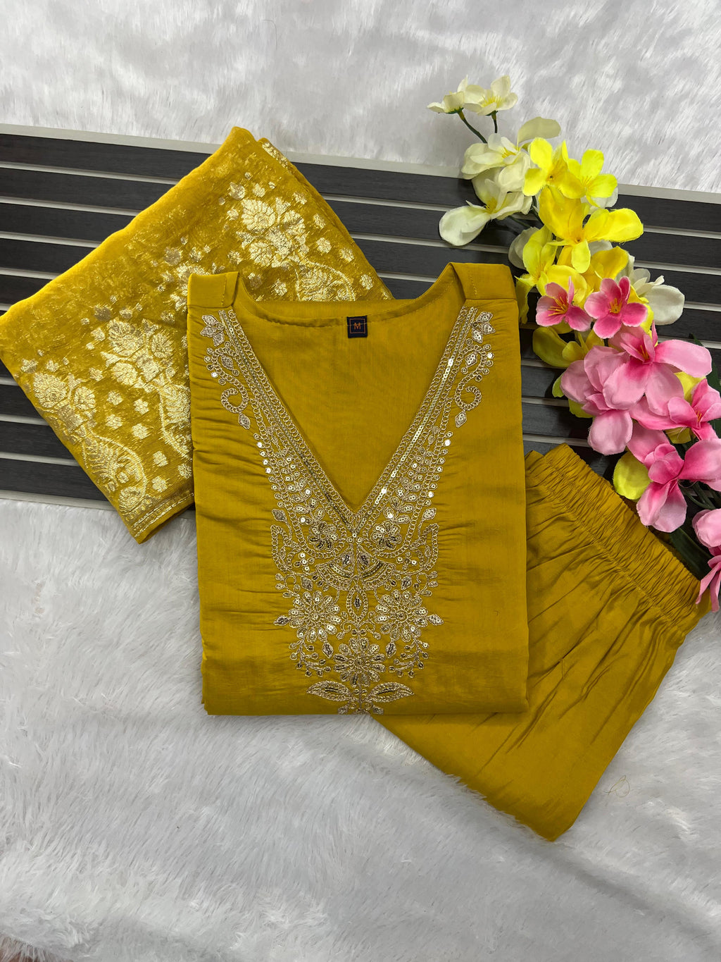 Lemon Yellow Roman Silk Embroidered Kurta Pant Dupatta Set for Women