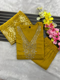Lemon Yellow Roman Silk Embroidered Kurta Pant Dupatta Set for Women