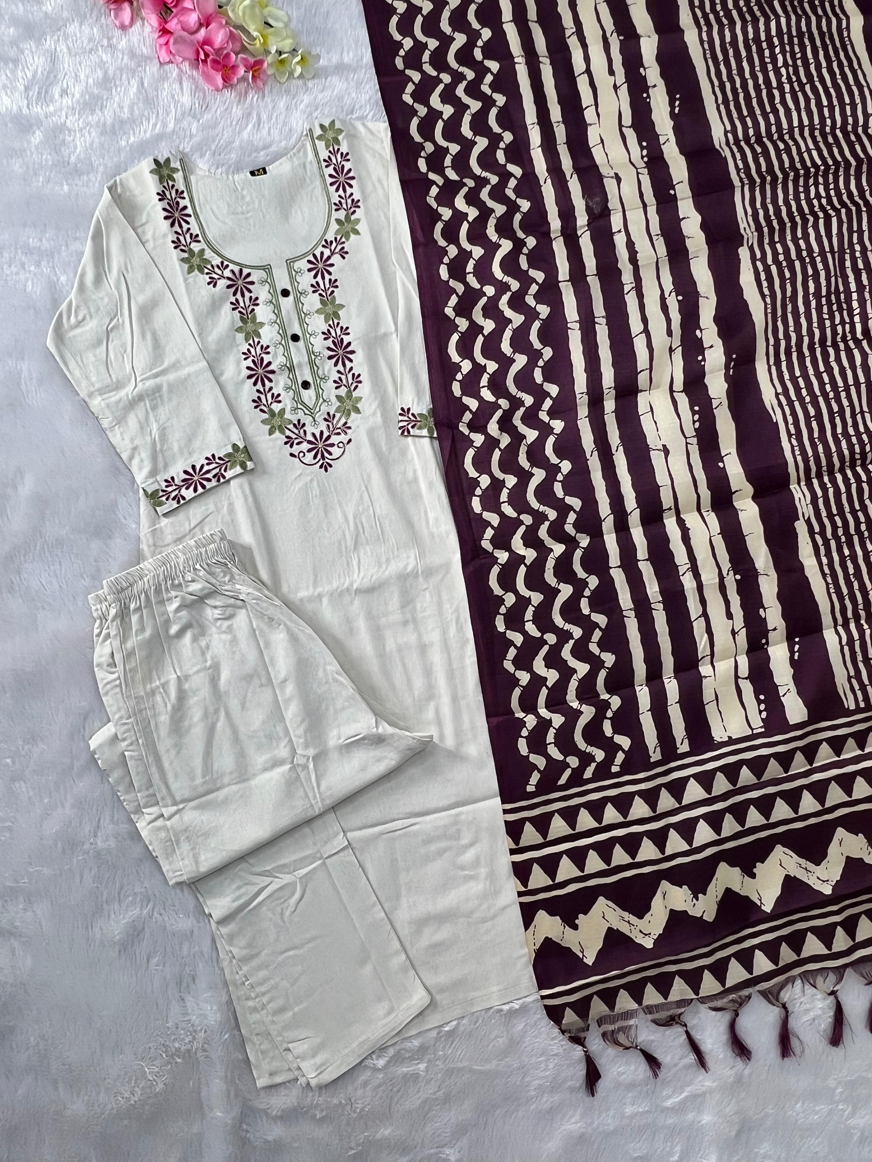 Khadi Cotton Embroidered Kurta Pant Dupatta Set for Women