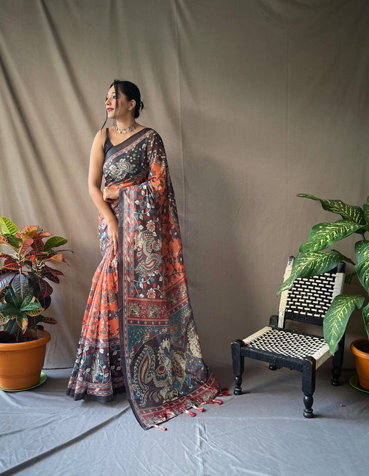 Cotton Kalamkari 2 | Pure Cotton Saree with Traditional Kalamkari Print & Contrast Blouse
