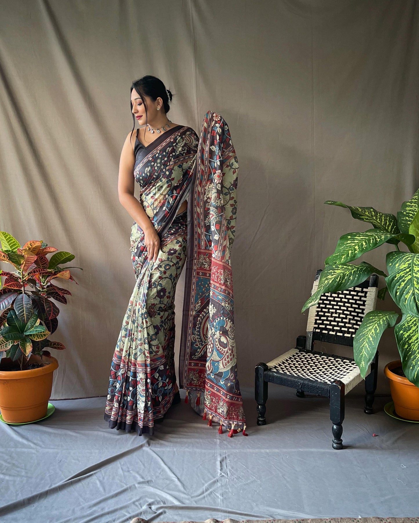 Cotton Kalamkari 2 | Pure Cotton Saree with Traditional Kalamkari Print & Contrast Blouse