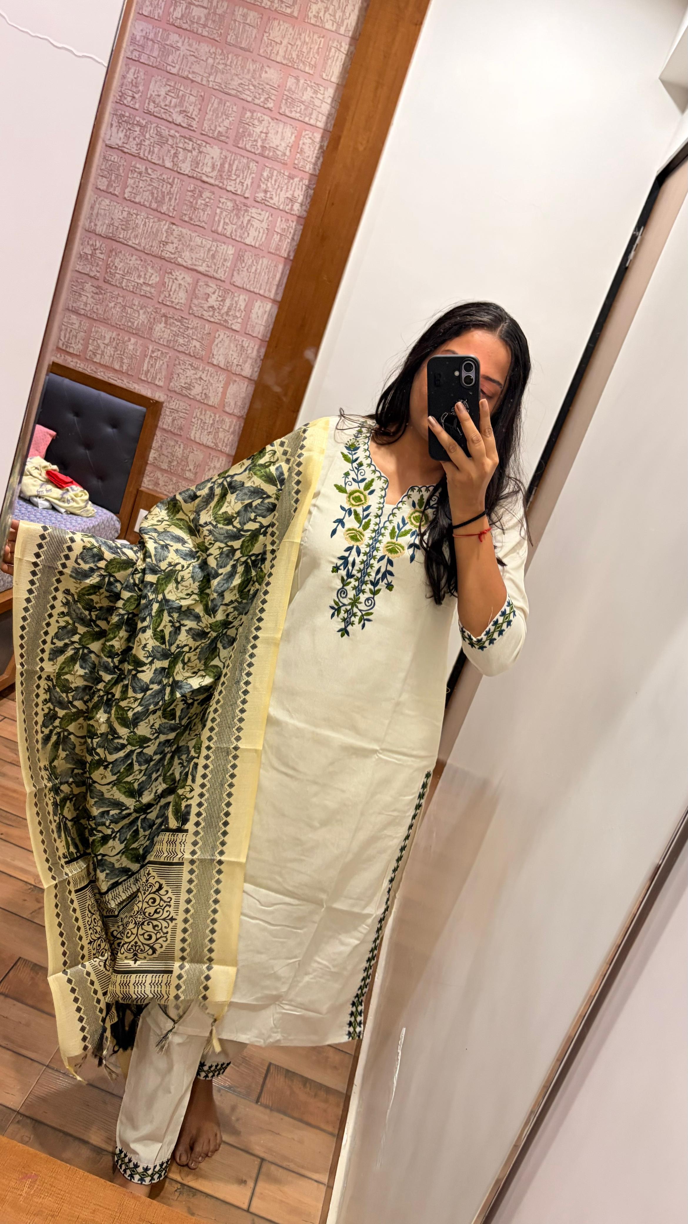 Laltika Women's Khadi Cotton Embroidered Kurta Pant Dupatta Set with Bhagalpuri Khadi Print Dupatta