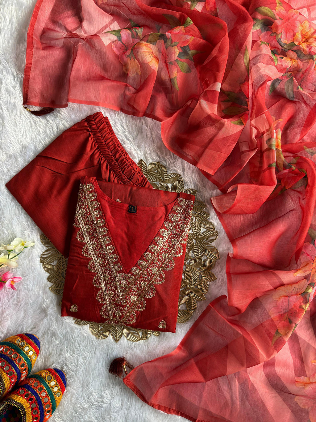 Rayon Slub Embroidered Kurta Pant Dupatta Set for Women