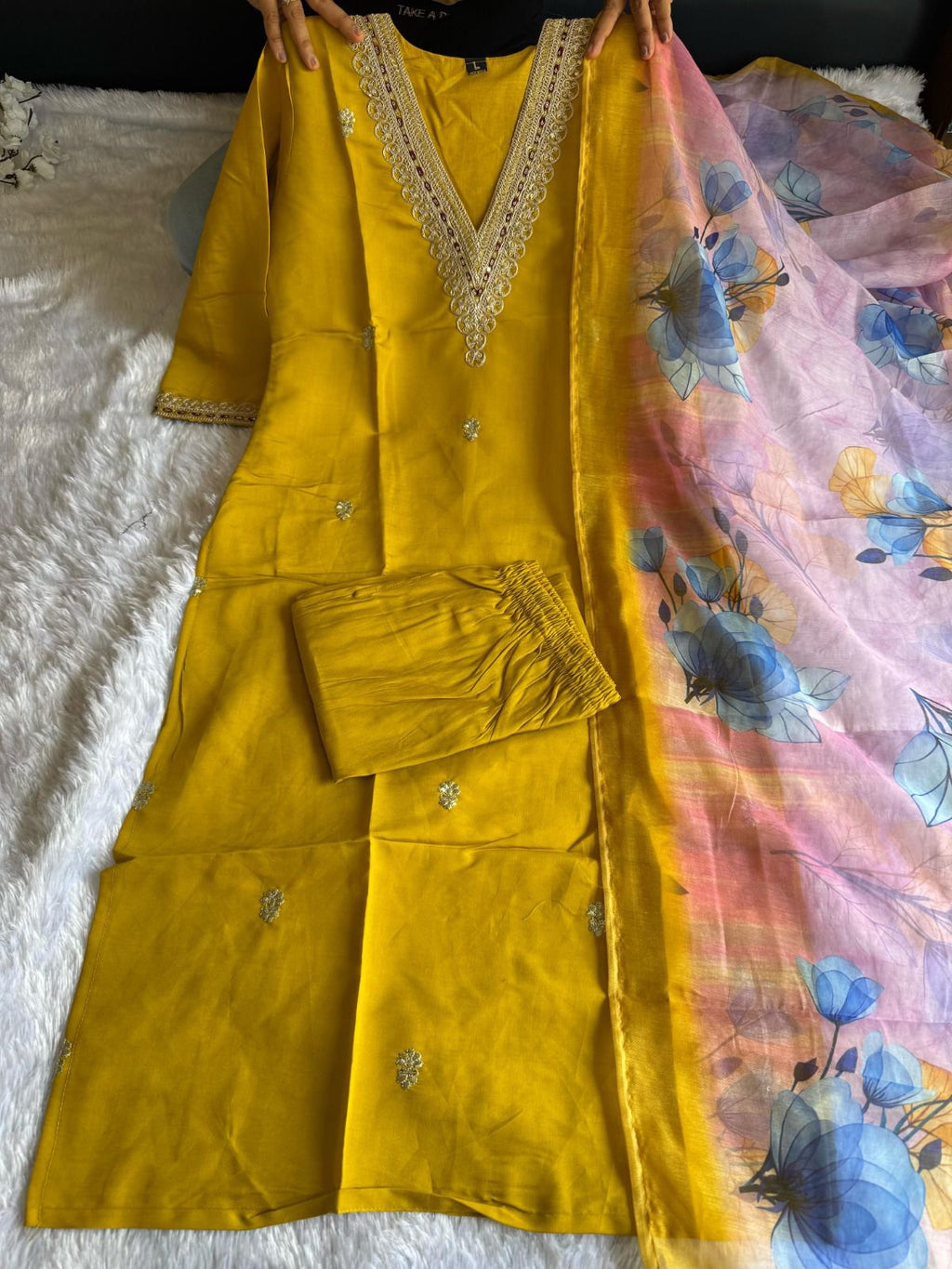 Roman Silk Embroidered Kurta Pant Dupatta Set for Women