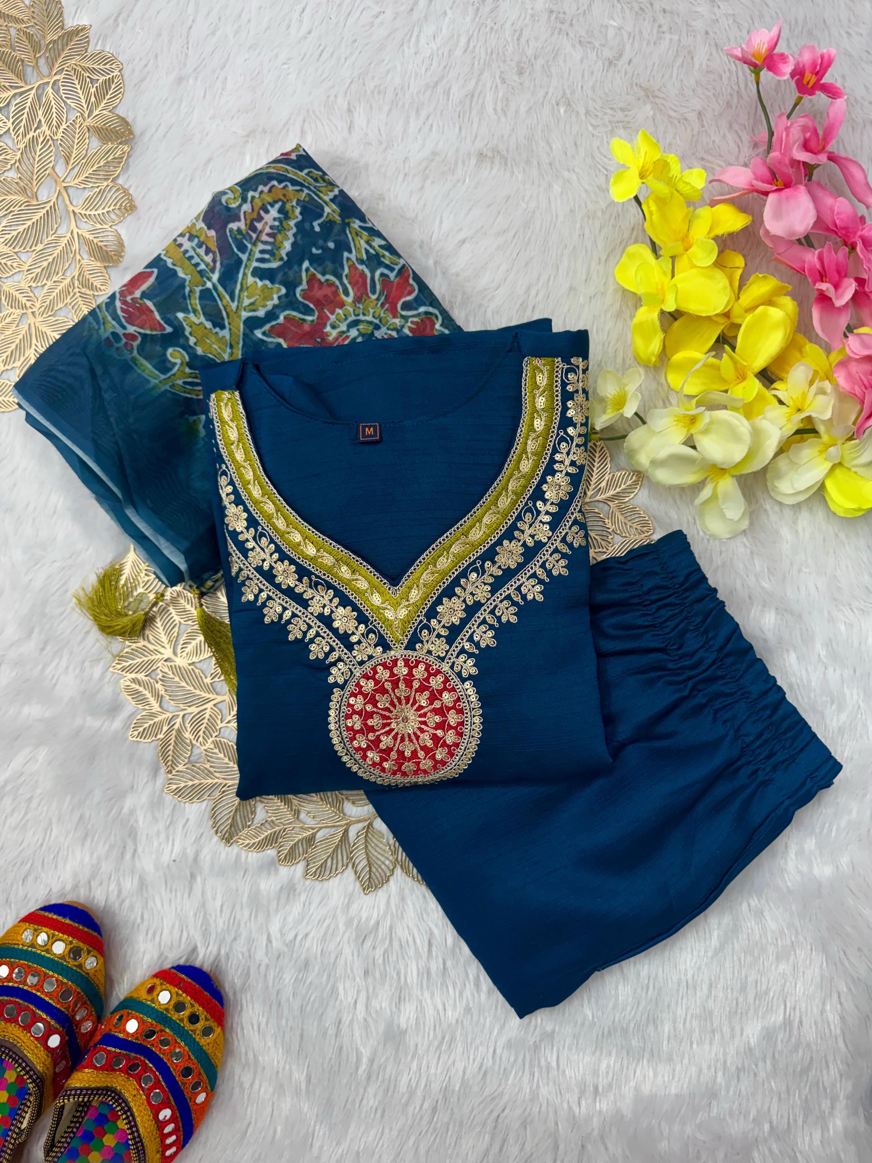 Vatican Silk Embroidered Kurta Pant Dupatta Set for Women