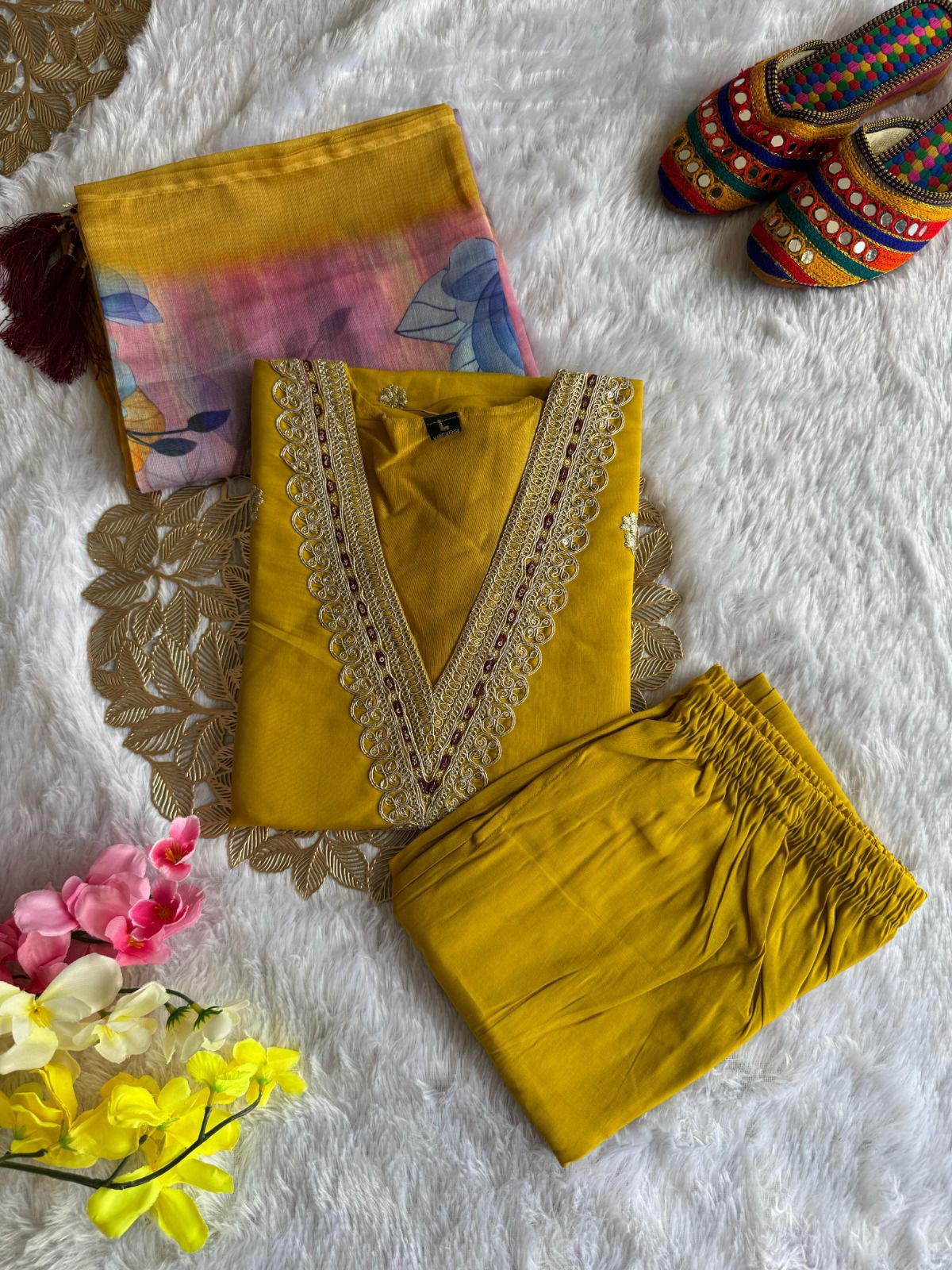 Roman Silk Embroidered Kurta Pant Dupatta Set for Women