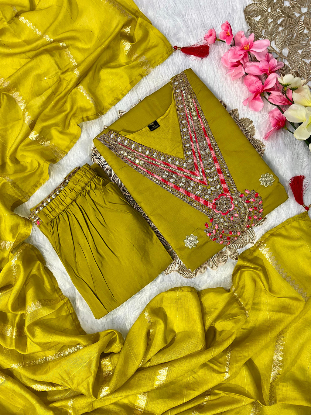 Laltika Women's Roman Silk Embroidered Kurta Pant Dupatta Set with Cotton Silk Dupatta