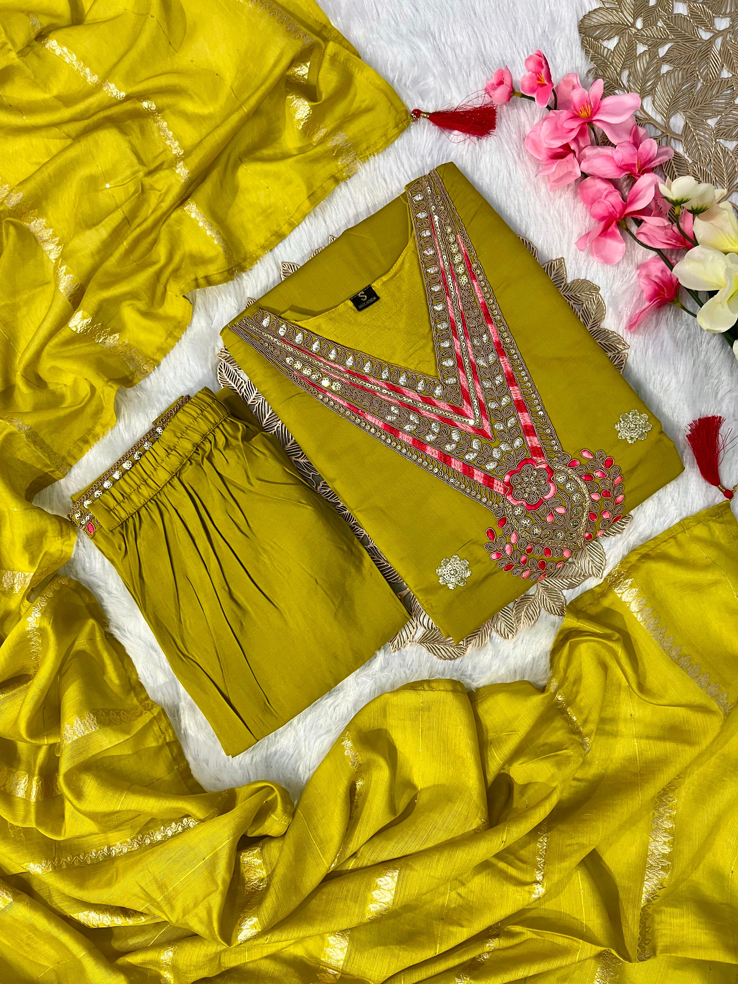 Laltika Women's Roman Silk Embroidered Kurta Pant Dupatta Set with Cotton Silk Dupatta