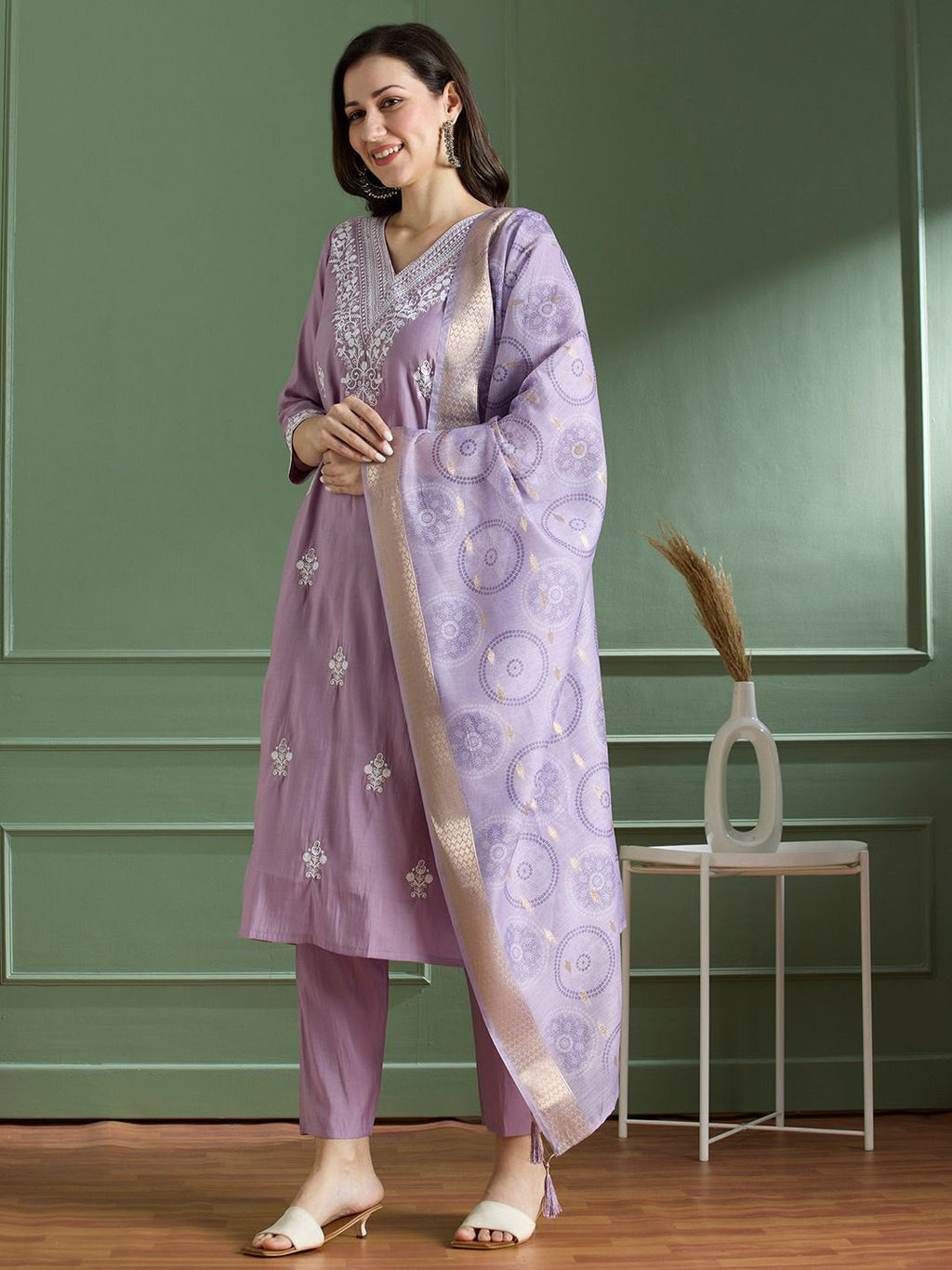 Buy Lavender Roman Silk Designer Kurti with Pant & Dupatta Set | Embroidered Festive Wear for Women