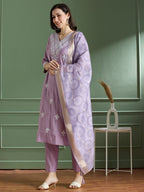 Buy Lavender Roman Silk Designer Kurti with Pant & Dupatta Set | Embroidered Festive Wear for Women