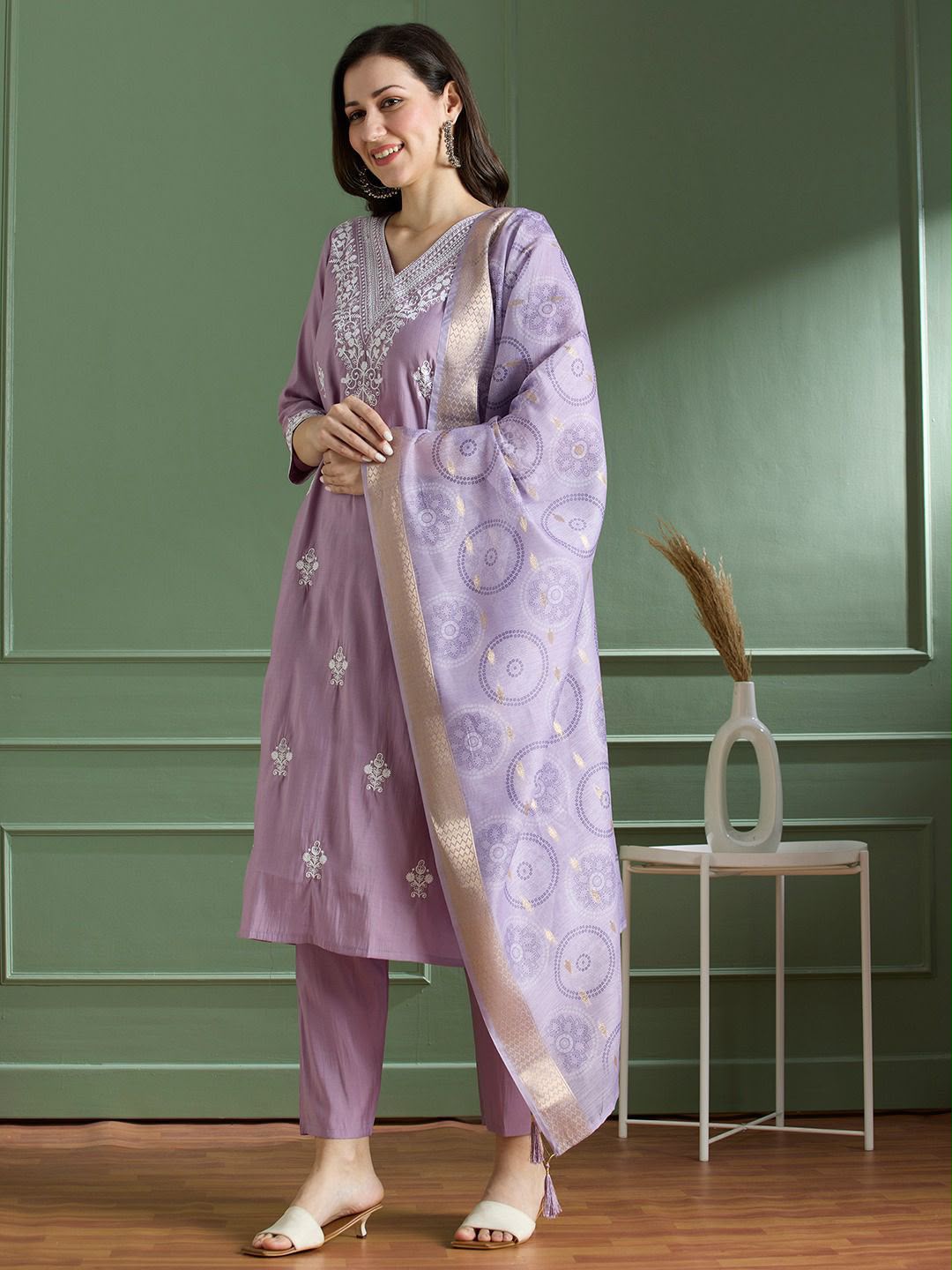 Buy Lavender Roman Silk Designer Kurti with Pant & Dupatta Set | Embroidered Festive Wear for Women