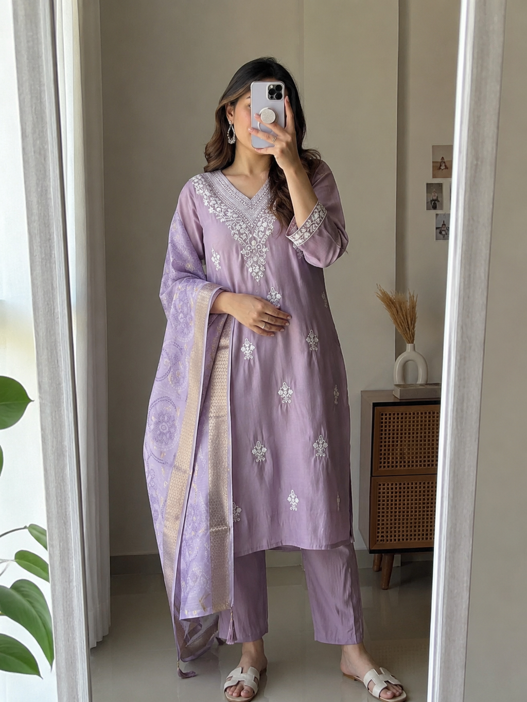 Buy Lavender Roman Silk Designer Kurti with Pant & Dupatta Set | Embroidered Festive Wear for Women