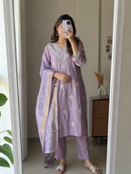 Buy Lavender Roman Silk Designer Kurti with Pant & Dupatta Set | Embroidered Festive Wear for Women
