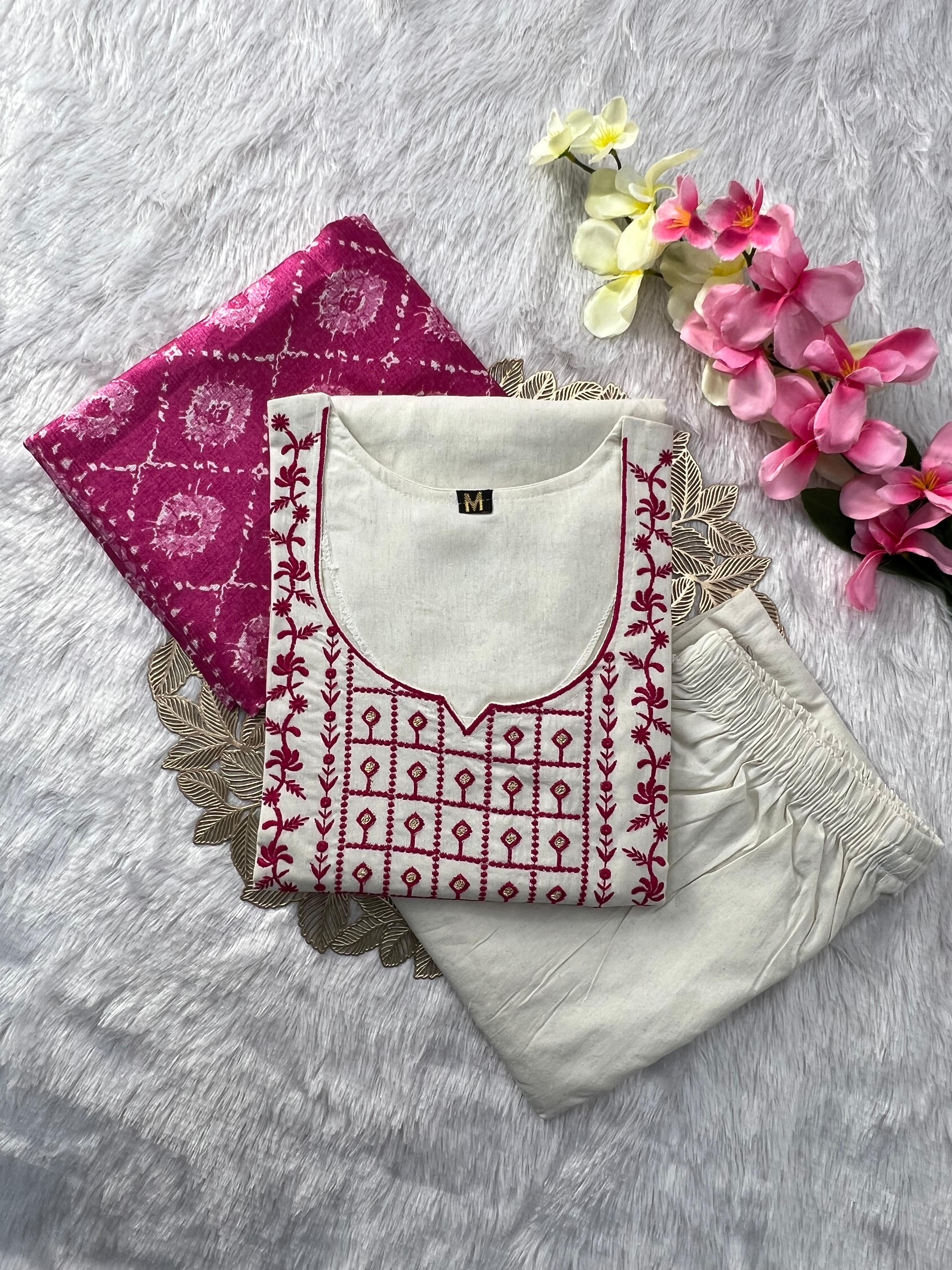 Khadi Cotton Embroidered Kurta Pant Dupatta Set for Women