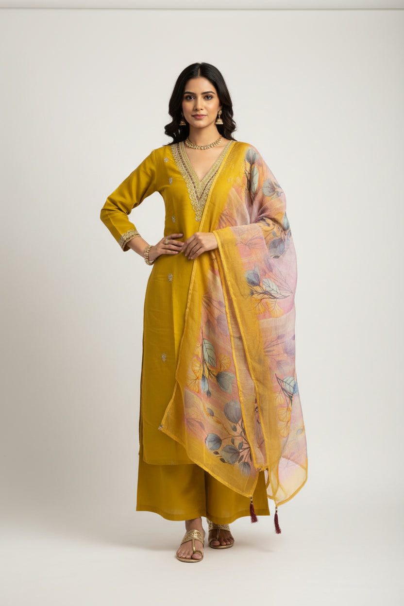 Roman Silk Embroidered Kurta Pant Dupatta Set for Women