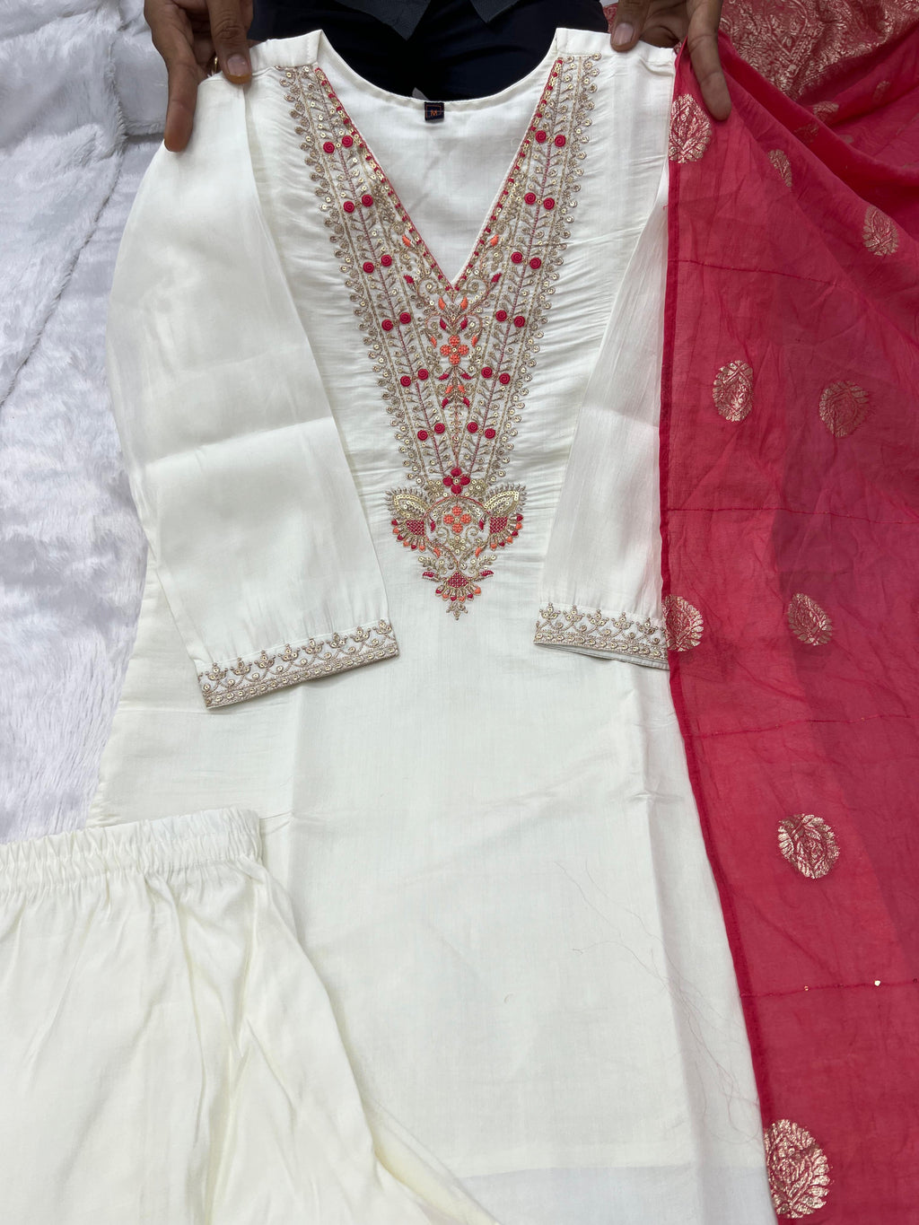 Off White Roman Silk Embroidered Kurta Pant Dupatta Set for Women