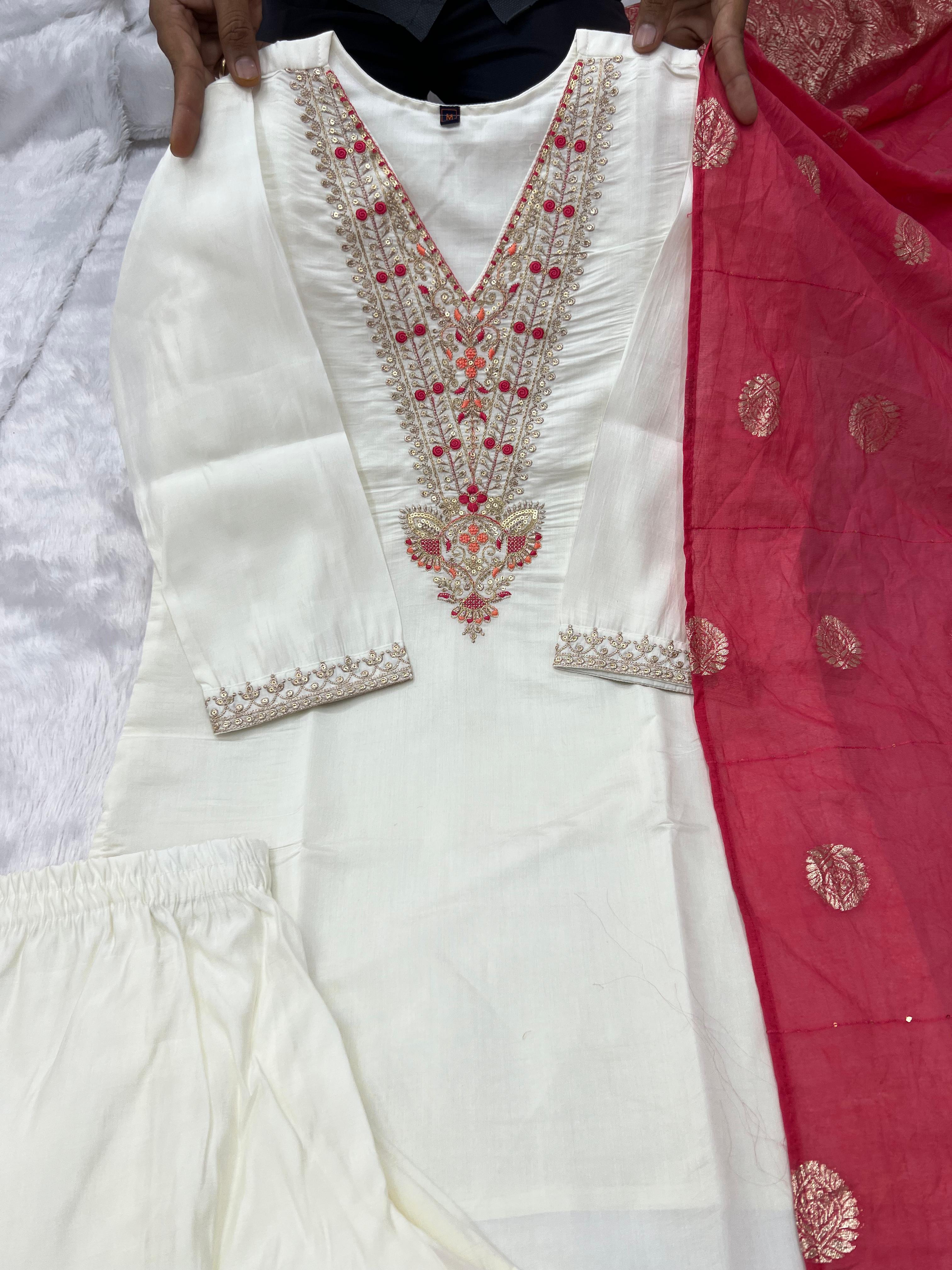 Off White Roman Silk Embroidered Kurta Pant Dupatta Set for Women