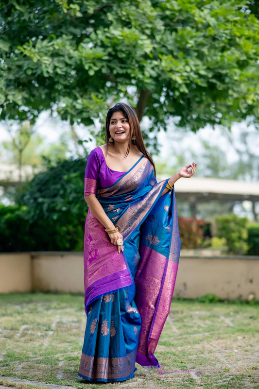 Premium Soft Banarasi Katan Silk Saree | All-Over Zari Weaving | Contrast Blouse