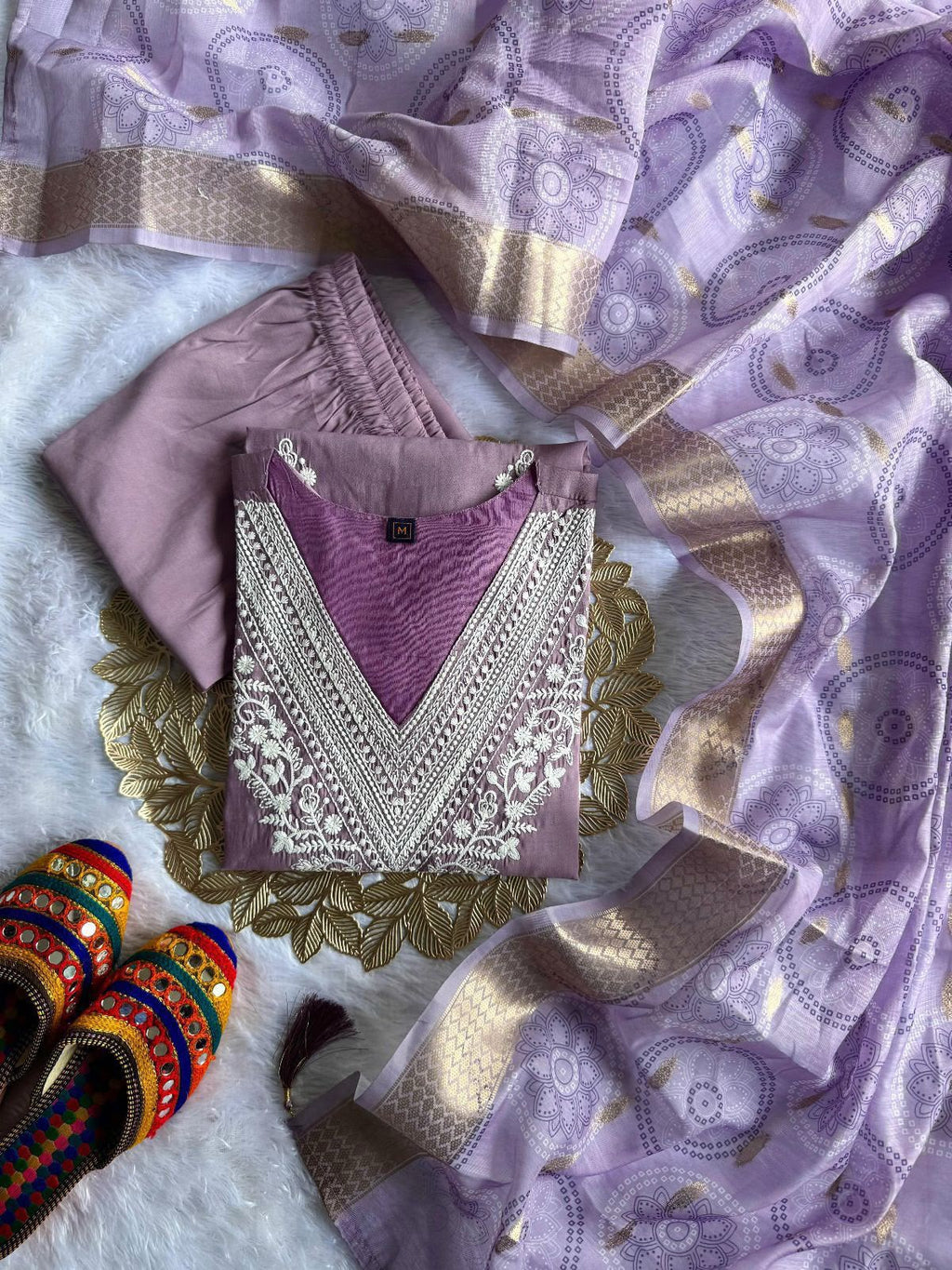 Buy Lavender Roman Silk Designer Kurti with Pant & Dupatta Set | Embroidered Festive Wear for Women