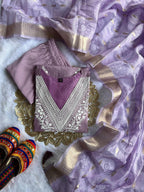 Buy Lavender Roman Silk Designer Kurti with Pant & Dupatta Set | Embroidered Festive Wear for Women