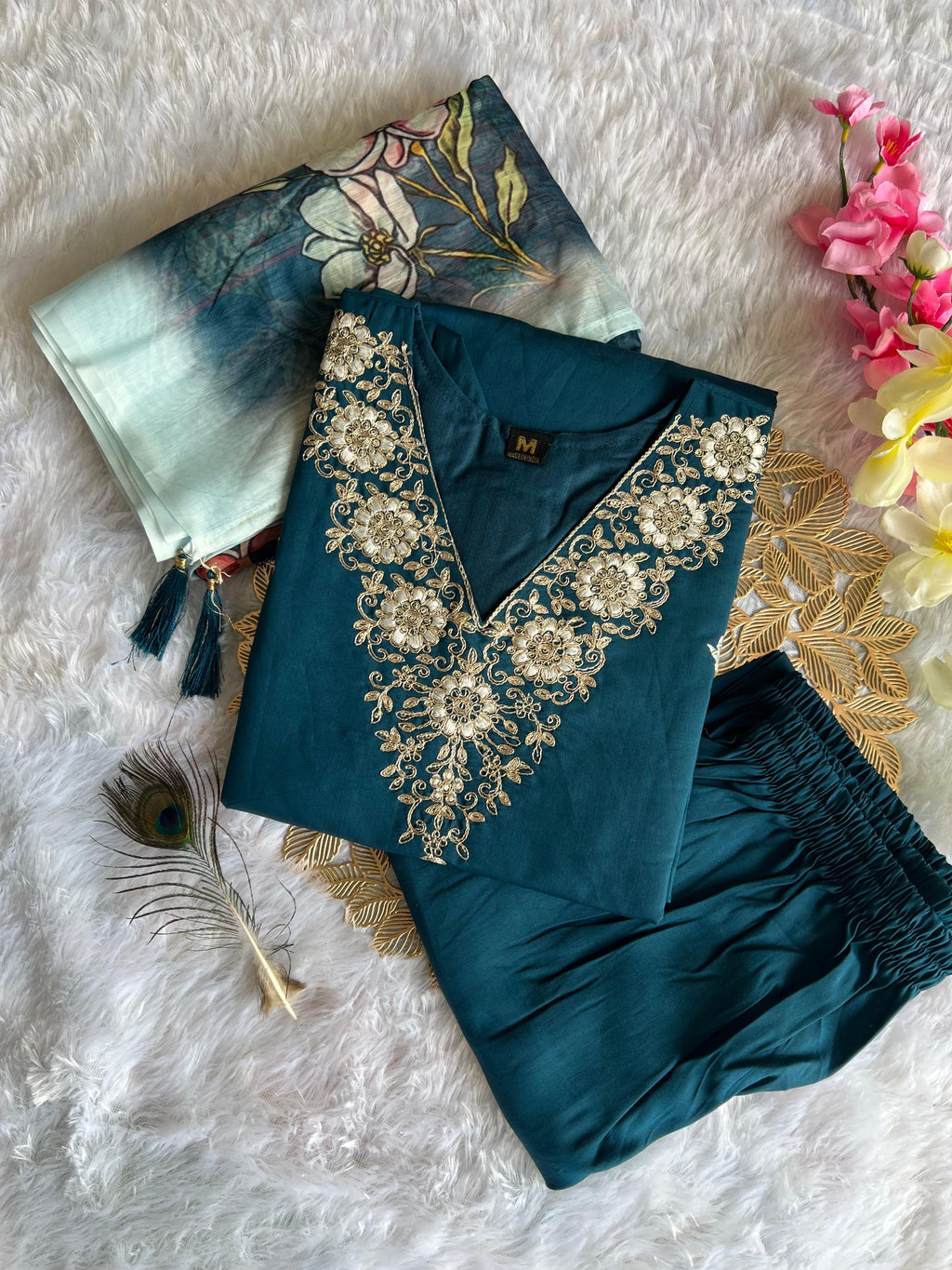 Teal Blue Roman Silk Embroidered Kurta Pant Dupatta Set for Women