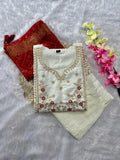 Cream White Roman Silk Embroidered Kurta Pant Dupatta Set for Women