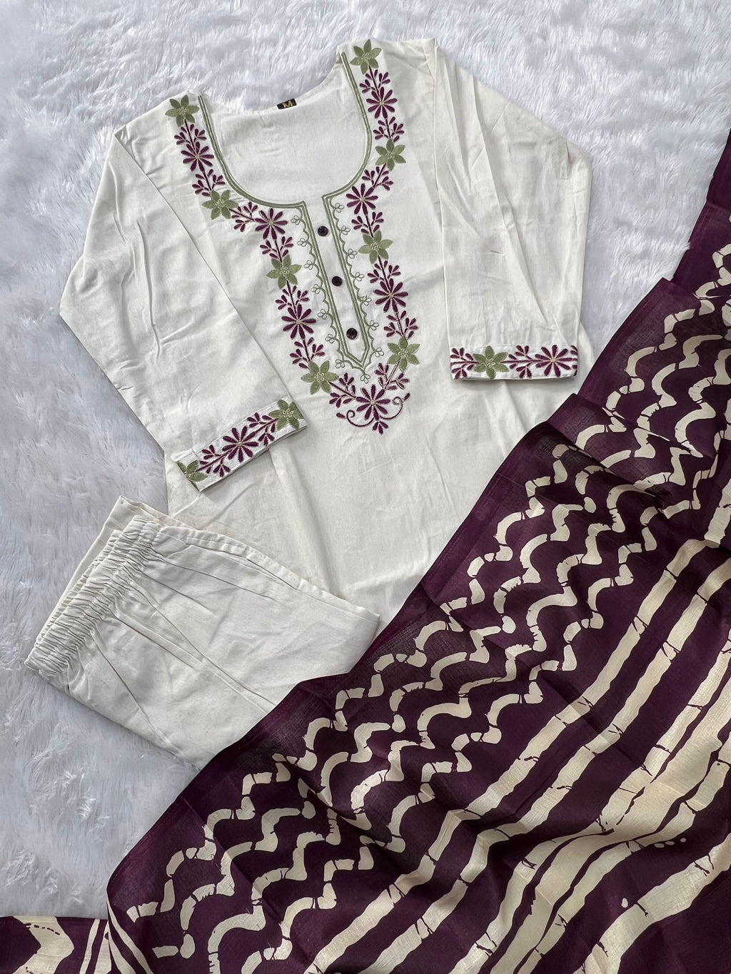 Khadi Cotton Embroidered Kurta Pant Dupatta Set for Women