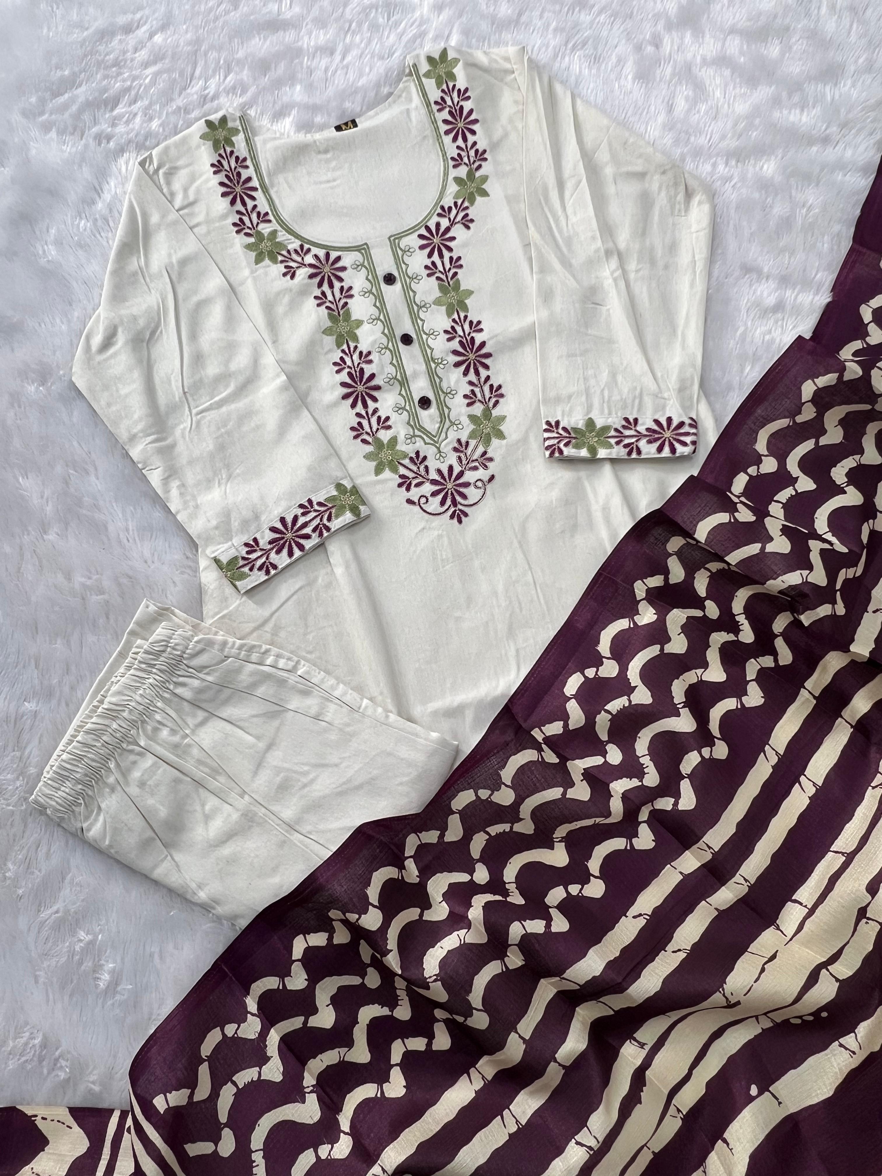 Khadi Cotton Embroidered Kurta Pant Dupatta Set for Women
