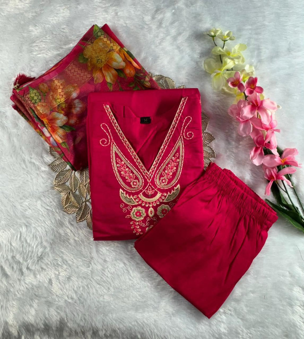 Buy Pink Roman Silk Embroidered Kurti Pant Dupatta Set | Festive & Traditional Wear