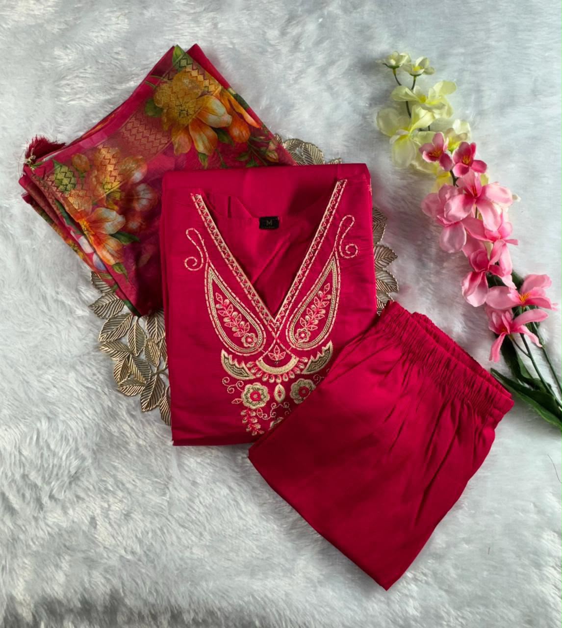 Buy Pink Roman Silk Embroidered Kurti Pant Dupatta Set | Festive & Traditional Wear