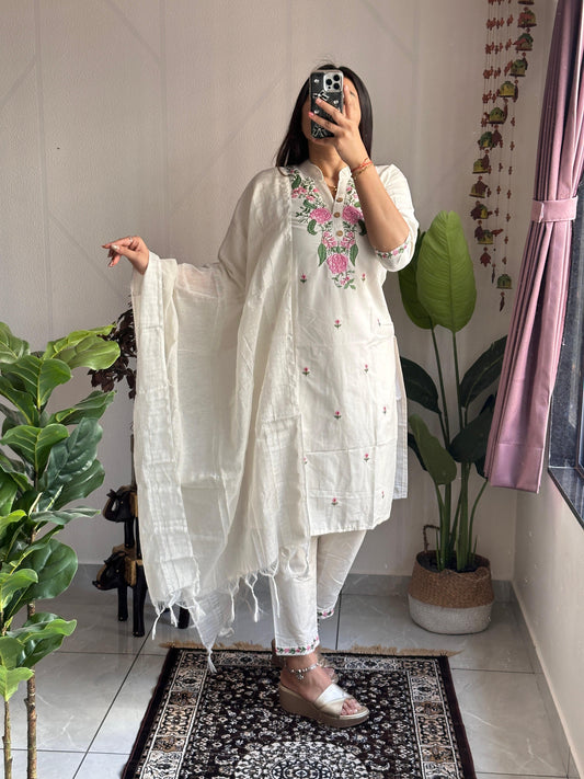 Pure White Khadi Cotton Kurti Set with Embroidery & Zig-Zag Border Dupatta | Ethically Crafted Ensemble
