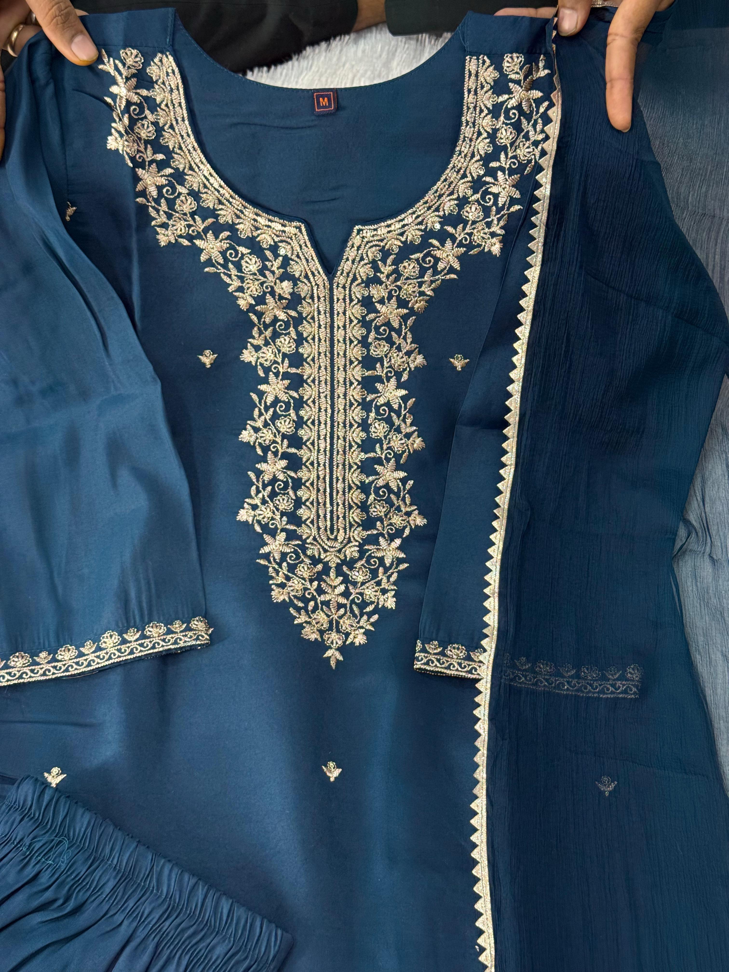 Roman Silk Embroidered Kurta Pant Dupatta Set with Nazneen Dupatta for Women