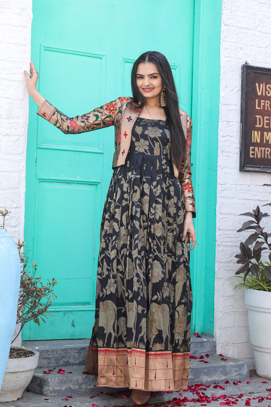 Paithani Weaving Gown with Jacket | Traditional Silk Gown Set | S-XXXL Sizes | Ready to Dispatch