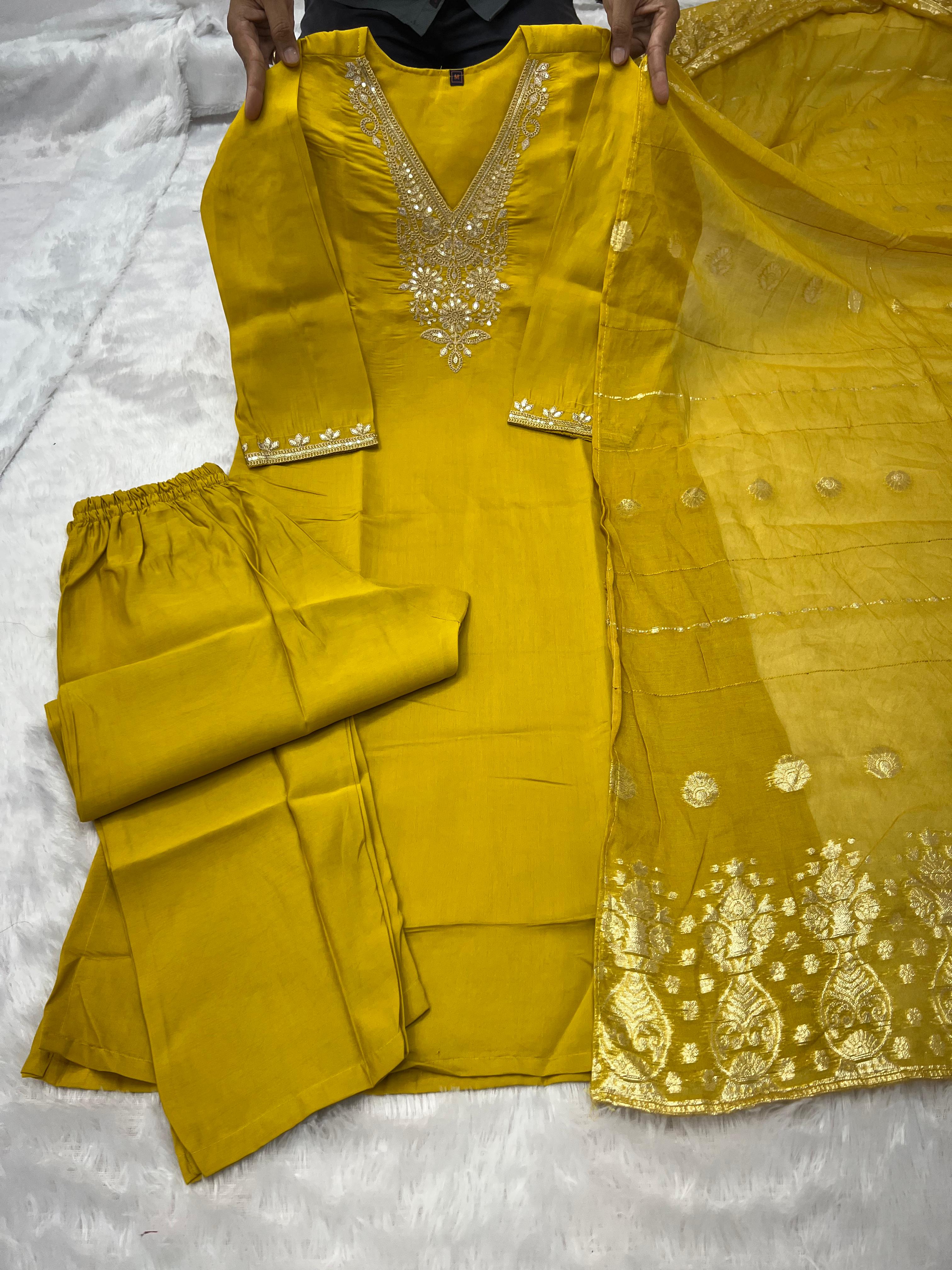 Lemon Yellow Roman Silk Embroidered Kurta Pant Dupatta Set for Women