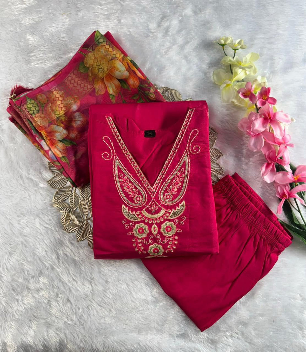 Buy Pink Roman Silk Embroidered Kurti Pant Dupatta Set | Festive & Traditional Wear